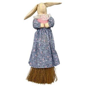 Handmade Bunny Doll Broom Decor With Floral Dress & Lace Collar READ